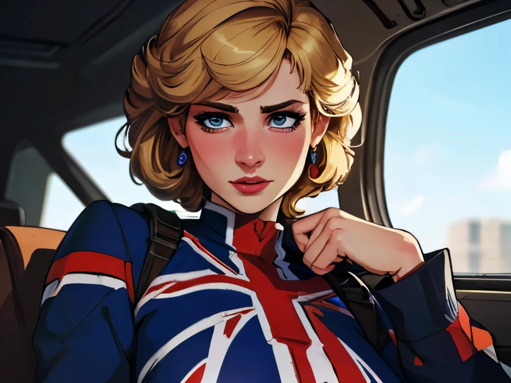 (masterpiece:1.3), (8K, Realistic, RAW Photos, Highest quality: 1.4), (One Girl), Beautiful Face, (Realistic Face), Beautiful Hairstyles, Realistic eyes, Beautiful details, (Realistic Skin), Beautiful Skin, Absurd, charm, Ultra-high resolution, Ultra-realistic, Very detailed, Golden Ratio, (Best Shadow), Cinematic, (Complex:1.4), High Contrast, Side lighting, ((Princess Diana)), ((full body)), 大笑い, ((Accurate hands and fingers)), ((captain Britain)), Caucasian female, (Blonde Hair, short hair:1.3), (she have UnionJack costume), (UnionJack round shieldを構える), BREAK （（全身を写す））