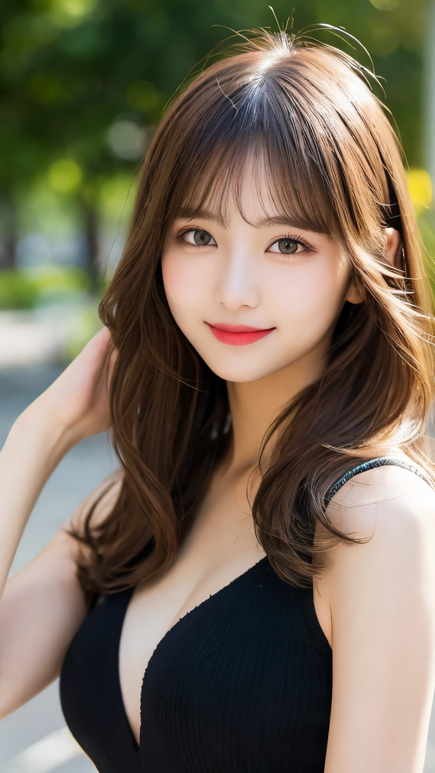 masutepiece、Best Quality、Illustration、 ultra-detailliert、hight resolution、8K Wallpapers、Perfect dynamic composition,、Beautiful detailed eyes、Women's Fashion Summer、Medium Hair、(Beautiful Large Breasts:1.3)、Natural Color Lip、Bold sexy poses、Smile、Harajuku、20 years girl、Cute、Sexy shot looking at camera