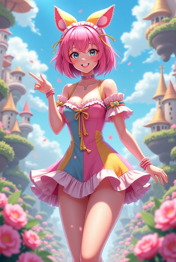 pink hair, 1girl, pointing at viewer, foreshortening, pointing, bow, breasts, hair bow, skirt, lips, looking at viewer, short hair, solo, photo \(medium\), outstretched arm, outstretched hand, smile