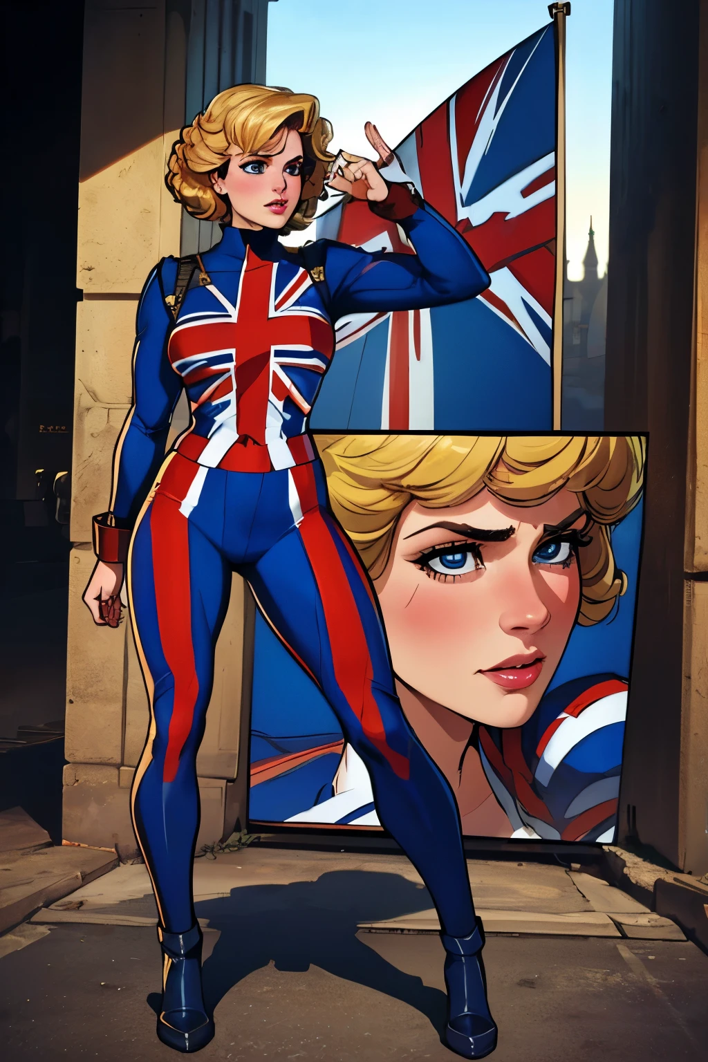 (masterpiece:1.3), (8K, Realistic, RAW Photos, Highest quality: 1.4), (One Girl), Beautiful Face, (Realistic Face), Beautiful Hairstyles, Realistic eyes, Beautiful details, (Realistic Skin), Beautiful Skin, Absurd, charm, Ultra-high resolution, Ultra-realistic, Very detailed, Golden Ratio, (Best Shadow), Cinematic, (Complex:1.4), High Contrast, Side lighting, ((Princess Diana)), ((full body)), Fighting pause, ((Accurate hands and fingers)), ((captain Britain)), Caucasian female, (Blonde Hair, short hair:1.3), (she have UnionJack costume), (UnionJack round shieldを構える), BREAK ((全身を写す))
