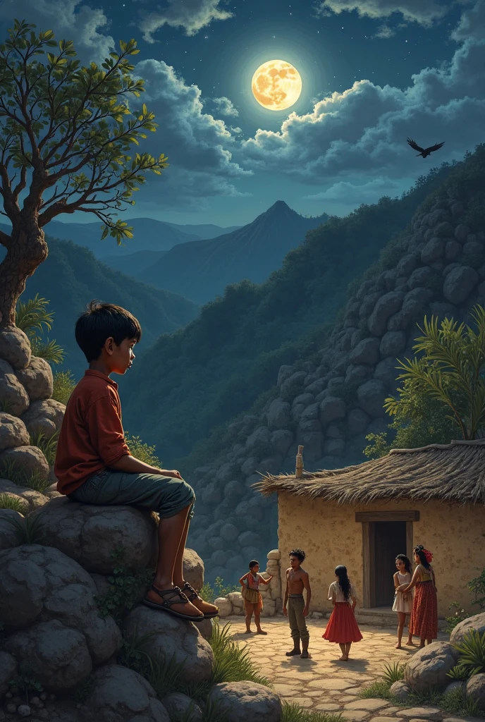 A mixed-race boy with a sad face, sitting on an adobe wall in an Andean ravine illuminated by the moon, Watch with melancholy a young peasant girl who dances with other girls in a rustic courtyard; Behind her, the figure of a mixed race foreman who looks at her with desire. to one side, an indigenous youth embraces the  as a sign of comfort, while in the sky a full moon shines on the dark hills, and a paca-paca bird perches on a branch as a harbinger of misfortune. The scene conveys sadness, frustrated love, social inequality and the silent pain of a hood marked by injustice.