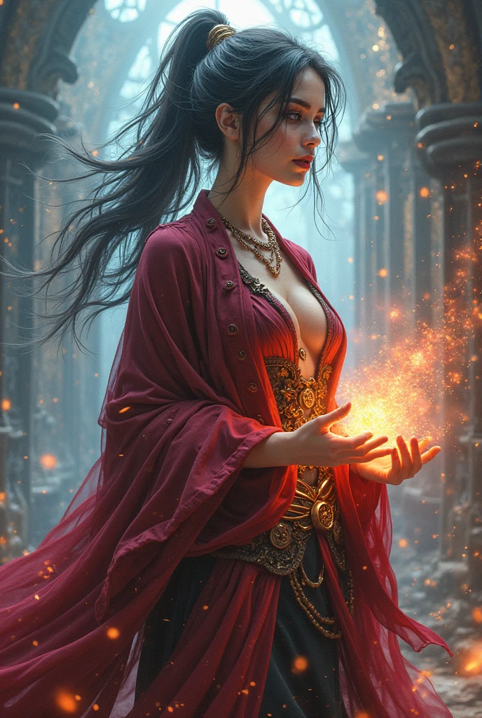 steampunk, fantasy, ((Human female )), sorcerer, powerful magical energy, (((Balanced head and body))), ((small head)),  robe costume, back background symbolizing excellent color chaos,  Full Body Expression , beautiful face, perfect body, PERFECT FACE, high detail, , super high definition, 4K,