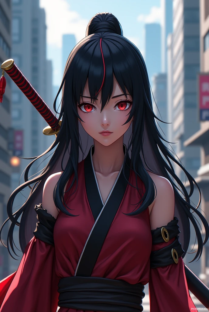 A girl from Boruto from Uchiha has black hair, red locks and a sword behind her back