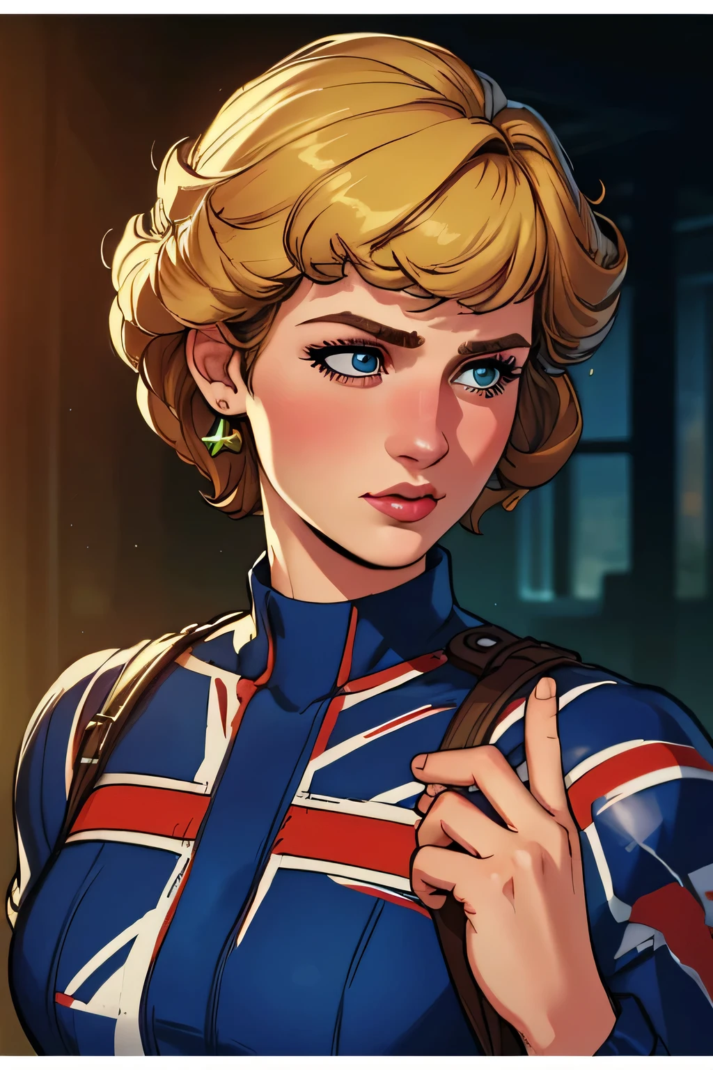 (masterpiece:1.3), (8K, Realistic, RAW Photos, Highest quality: 1.4), (One Girl), Beautiful Face, (Realistic Face), Beautiful Hairstyles, Realistic eyes, Beautiful details, (Realistic Skin), Beautiful Skin, Absurd, charm, Ultra-high resolution, Ultra-realistic, Very detailed, Golden Ratio, (Best Shadow), Cinematic, (Complex:1.4), High Contrast, Side lighting, ((Princess Diana)), Fighting pause, ((Accurate hands and fingers)), ((captain Britain)), Caucasian female, (Blonde Hair, short hair:1.3), (she have UnionJack costume), (UnionJack round shieldを構える), BREAK ((全身を写す))