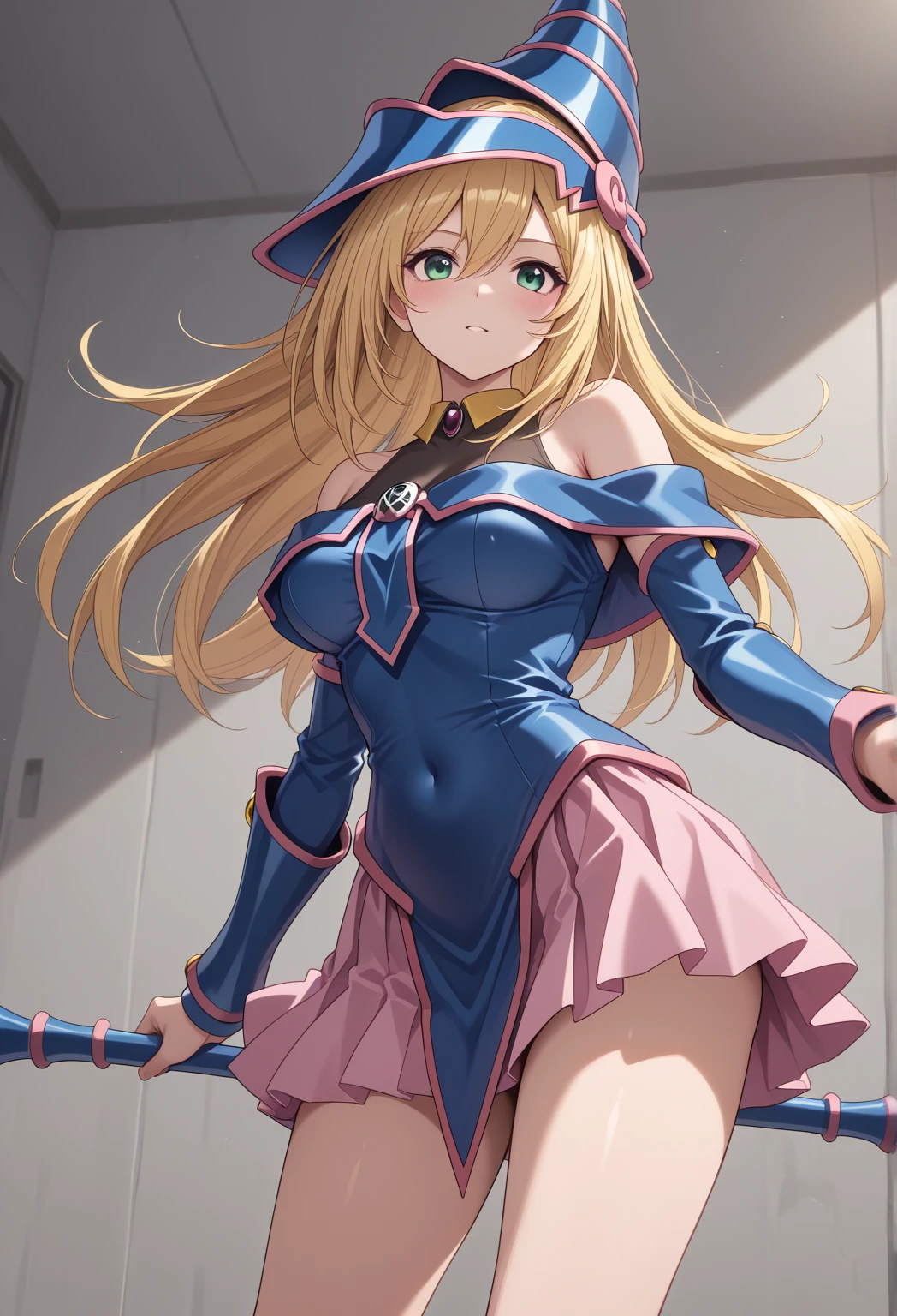 Dark magician girl, Dark Magician Girl, Blonde hair, Choker, (Green eyes:1.5), Long hair,
BREAK bare shoulders, blue footwear, blush, blush stickers, cleavage, 鎖骨, duel monster, hat, off shoulders, pentacle, Wizard Hat,
BREAK looking at viewer,
BREAK outdoors, city,
BREAK (masutepiece:1.2), Best Quality, High resolution, Unity 8k壁纸, (Illustration:0.8), (Beautiful detailed eyes:1.6), extra detailed face, Perfect Lighting, extremely details CG, (Perfect hands, Perfect Anatomy),