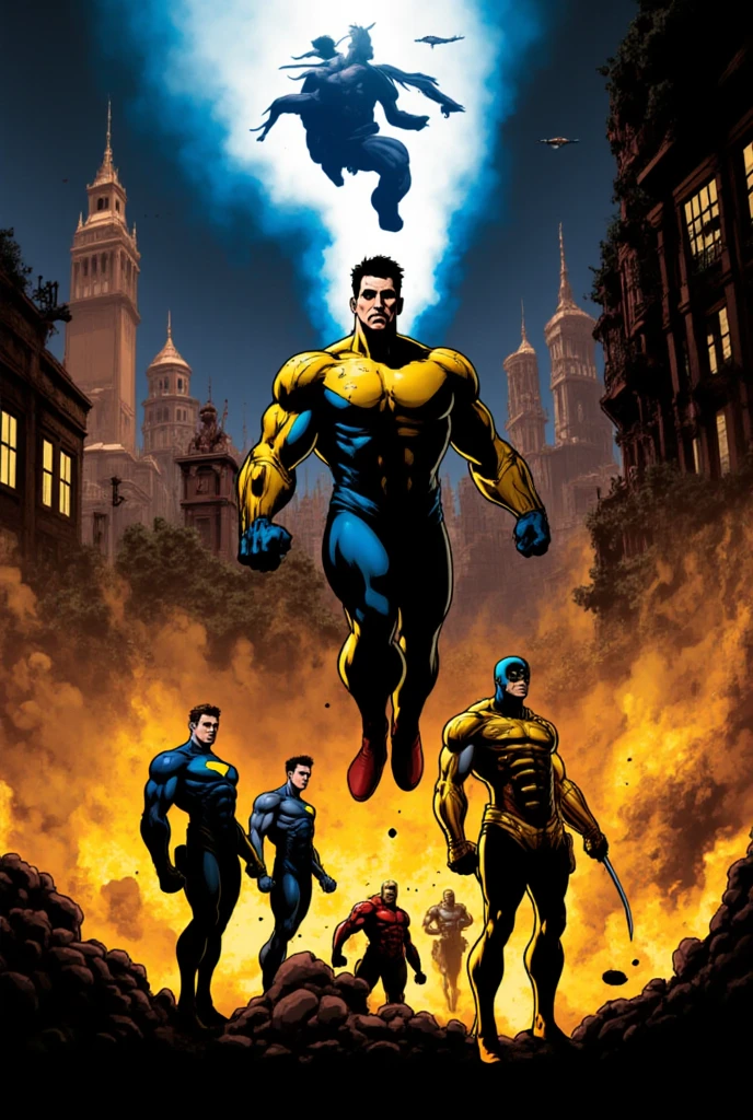 Image of a man with a sword standing in front of a city, superhero from the boys tv show, Arte Hylics, butcher billy style, Design de personagens de quadrinhos dos anos 90, inspirado em Frank Miller, hero pose colorful city lighting, inspirado em Jim Steranko, Esquema de cores dos quadrinhos de watchmen, personagem de quadrinhos, butcher billy, ( Arte Fitzpatrick )