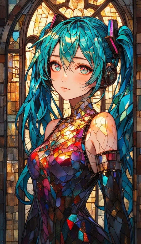 Hatsune Miku drawn in stained glass is expressed on a large dirty glass window、