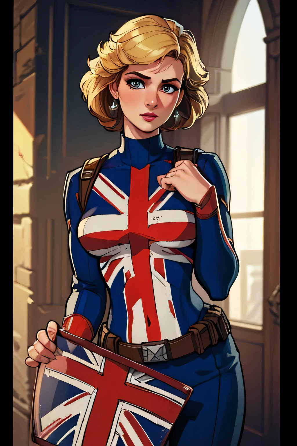(masterpiece:1.3), (8K, Realistic, RAW Photos, Highest quality: 1.4), (One Girl), Beautiful Face, (Realistic Face), Beautiful Hairstyles, Realistic eyes, Beautiful details, (Realistic Skin), Beautiful Skin, Absurd, charm, Ultra-high resolution, Ultra-realistic, Very detailed, Golden Ratio, (Best Shadow), Cinematic, (Complex:1.4), High Contrast, Side lighting, ((Princess Diana)), Fighting pause, ((Accurate hands and fingers)), ((captain Britain)), Caucasian female, (Blonde Hair, short hair:1.3), (she have UnionJack costume), (UnionJack round shieldを構える), BREAK ((全身を写す))
