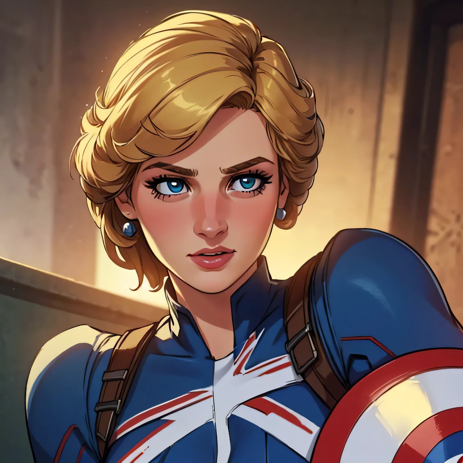 (masterpiece:1.3), (8K, Realistic, RAW Photos, Highest quality: 1.4), (One Girl), Beautiful Face, (Realistic Face), Beautiful Hairstyles, Realistic eyes, Beautiful details, (Realistic Skin), Beautiful Skin, Absurd, charm, Ultra-high resolution, Ultra-realistic, Very detailed, Golden Ratio, (Best Shadow), Cinematic, (Complex:1.4), High Contrast, Side lighting, ((Princess Diana)), Fighting pause, ((Accurate hands and fingers)), ((captain Britain)), Caucasian female, (Blonde Hair, short hair:1.3), (she have UnionJack costume), (UnionJack round shieldを構える), BREAK （（全身を写す））