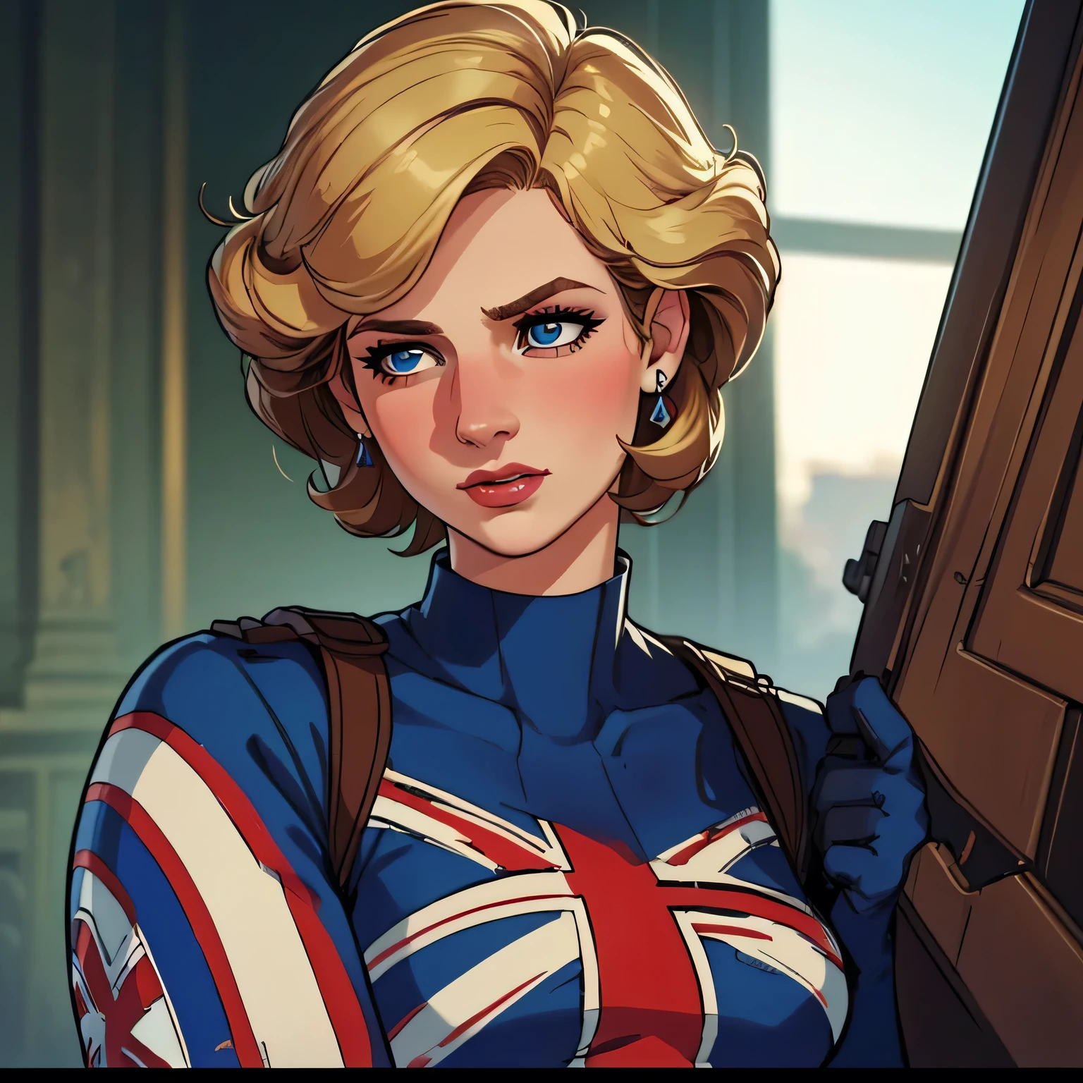 (masterpiece:1.3), (8K, Realistic, RAW Photos, Highest quality: 1.4), (One Girl), Beautiful Face, (Realistic Face), Beautiful Hairstyles, Realistic eyes, Beautiful details, (Realistic Skin), Beautiful Skin, Absurd, charm, Ultra-high resolution, Ultra-realistic, Very detailed, Golden Ratio, (Best Shadow), Cinematic, (Complex:1.4), High Contrast, Side lighting, ((Princess Diana)), Fighting pause, ((Accurate hands and fingers)), ((captain Britain)), Caucasian female, (Blonde Hair, short hair:1.3), (she have UnionJack costume), (UnionJack round shieldを構える), BREAK ((全身を写す))
