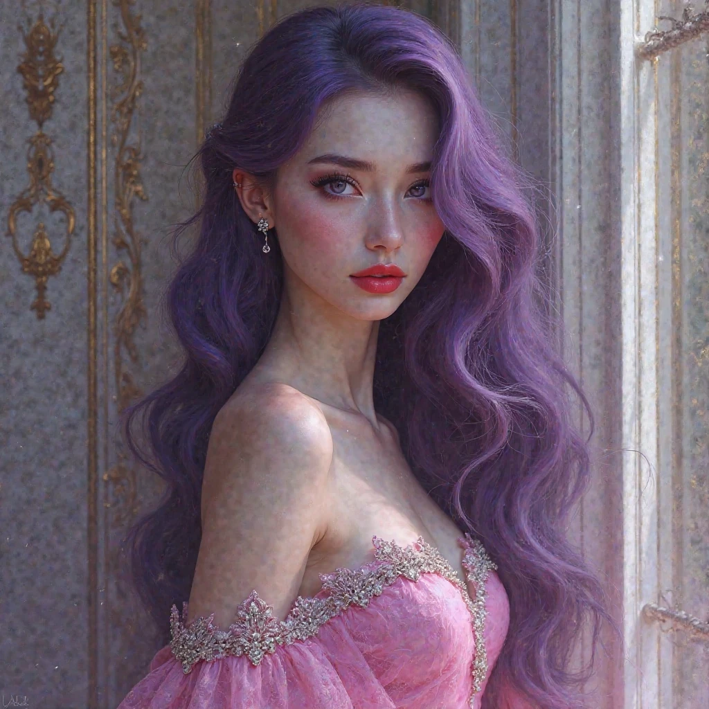 masterpiece, slender woman, high, elegant, tez blanca, red lips, pointy ears, Violet eyes, purple hair, very long hair, wavy hair, degraded hair, pink dress with silver details