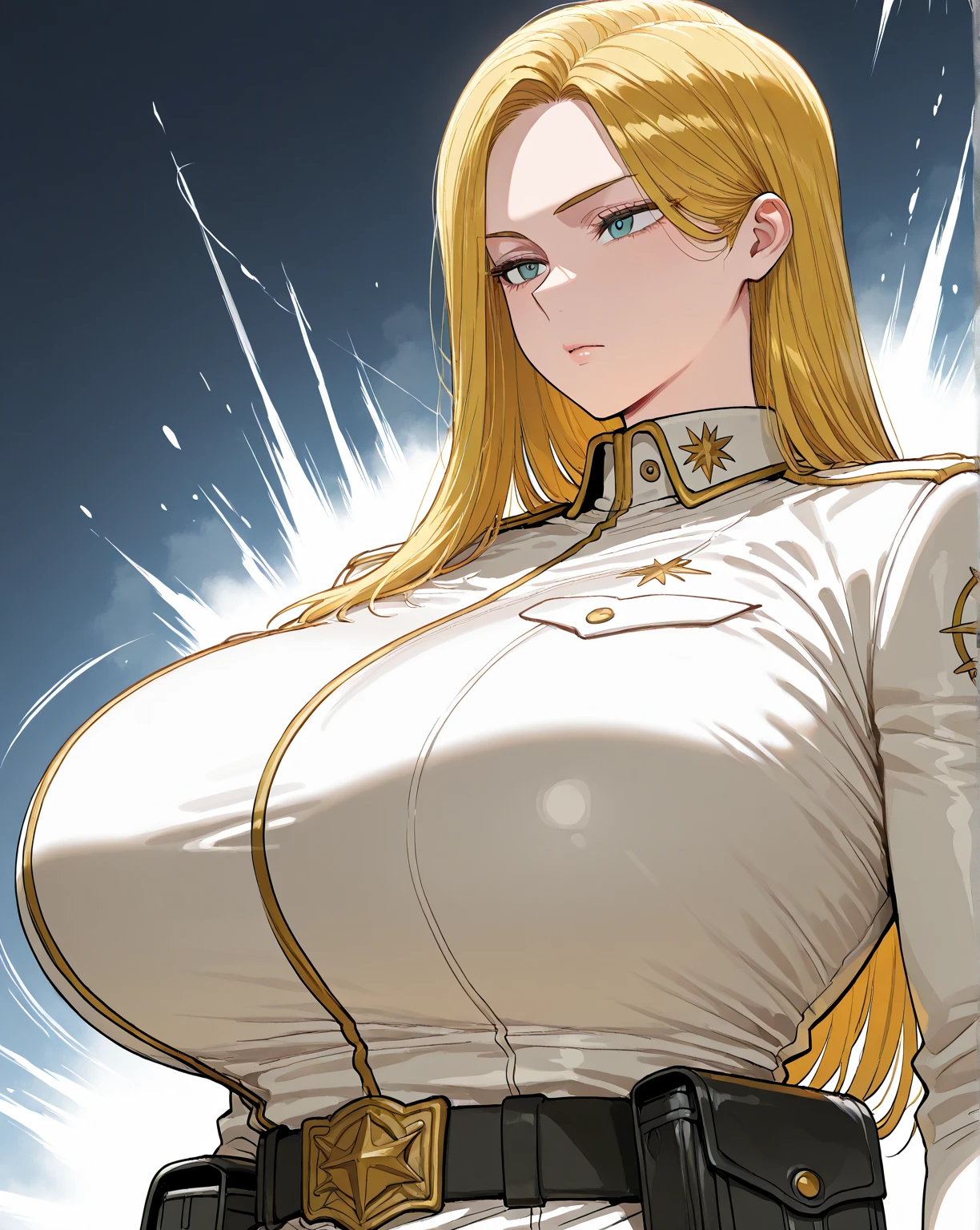 1girl, (NSFW), blonde_hair, very_long_hair, twintails, red_eyes, hair_ribbon, glowing eyes, shiny glossy skin, oily skin, gleaming skin, (underboob:1.2), navel, midriff, hands on waist, (epaulettes:1.2), miniskirt, pleated skirt, (magical girl uniform:1.2), long sleeve, (skirt), military cap, grin, smirk, extremely thick lips, extremely long eyelashes, (huge breasts:1.3), wide hips, thich thighs, narrow waist, (chubby, plump), big belly, cameltoe, (salute:1.3),hand on hip, earrings