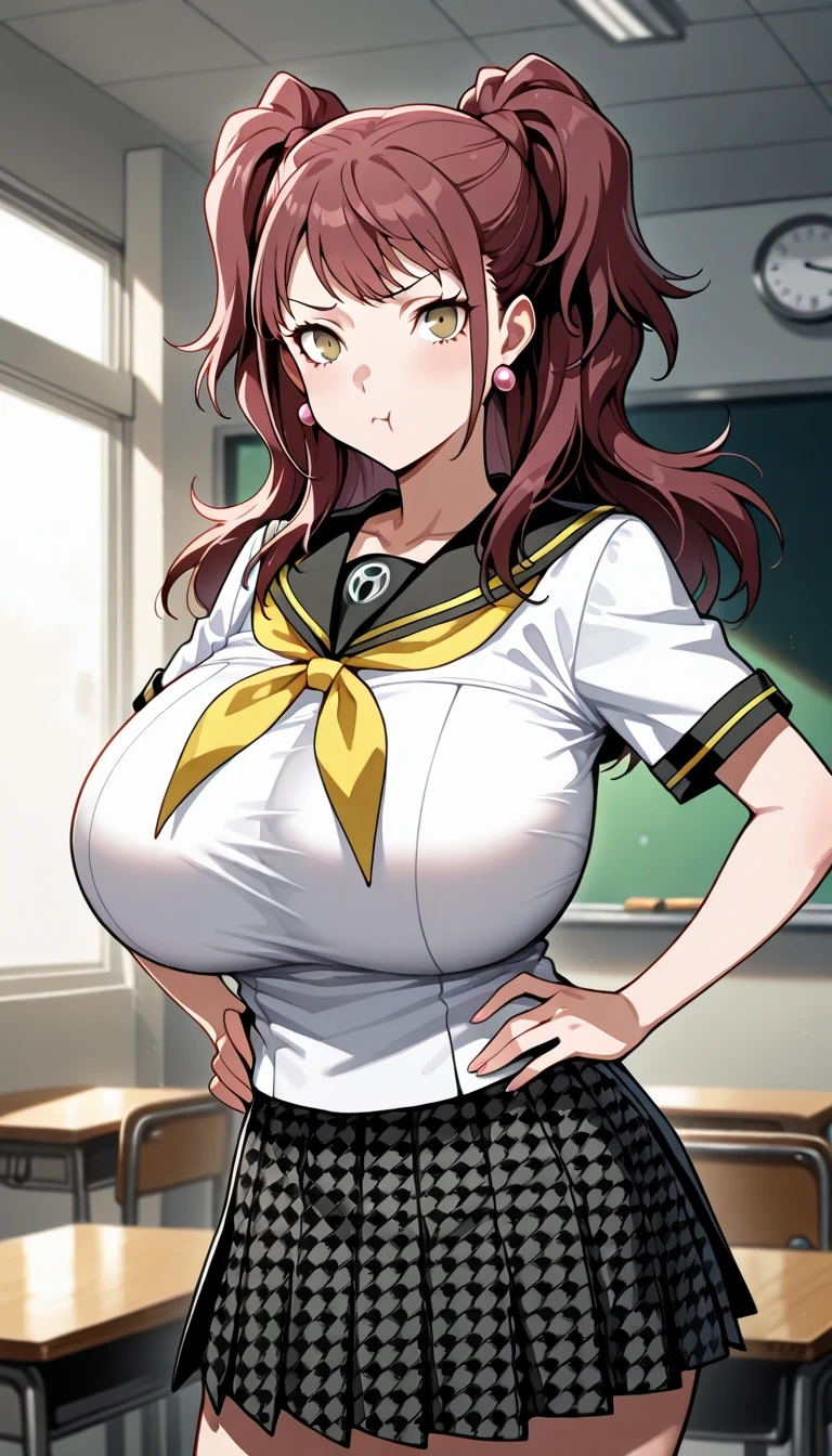 (masterwork, masterpiece, best quality, hyper-detailed :1.2), 1 girl, solo, cute face, p4rise, kujikawa, rise, twintails, long hair, brown hair, pink earrings p4rise-sumuni, yasogami school uniform, serafuku, short sleeves, white shirt, skirt, pleated skirt, houndstooth, classroom, standing, looking at viewer, hands on hips, pout, (puffy cheeks, cheek bulge,:0.7) ,gigantic breasts,show underboobs