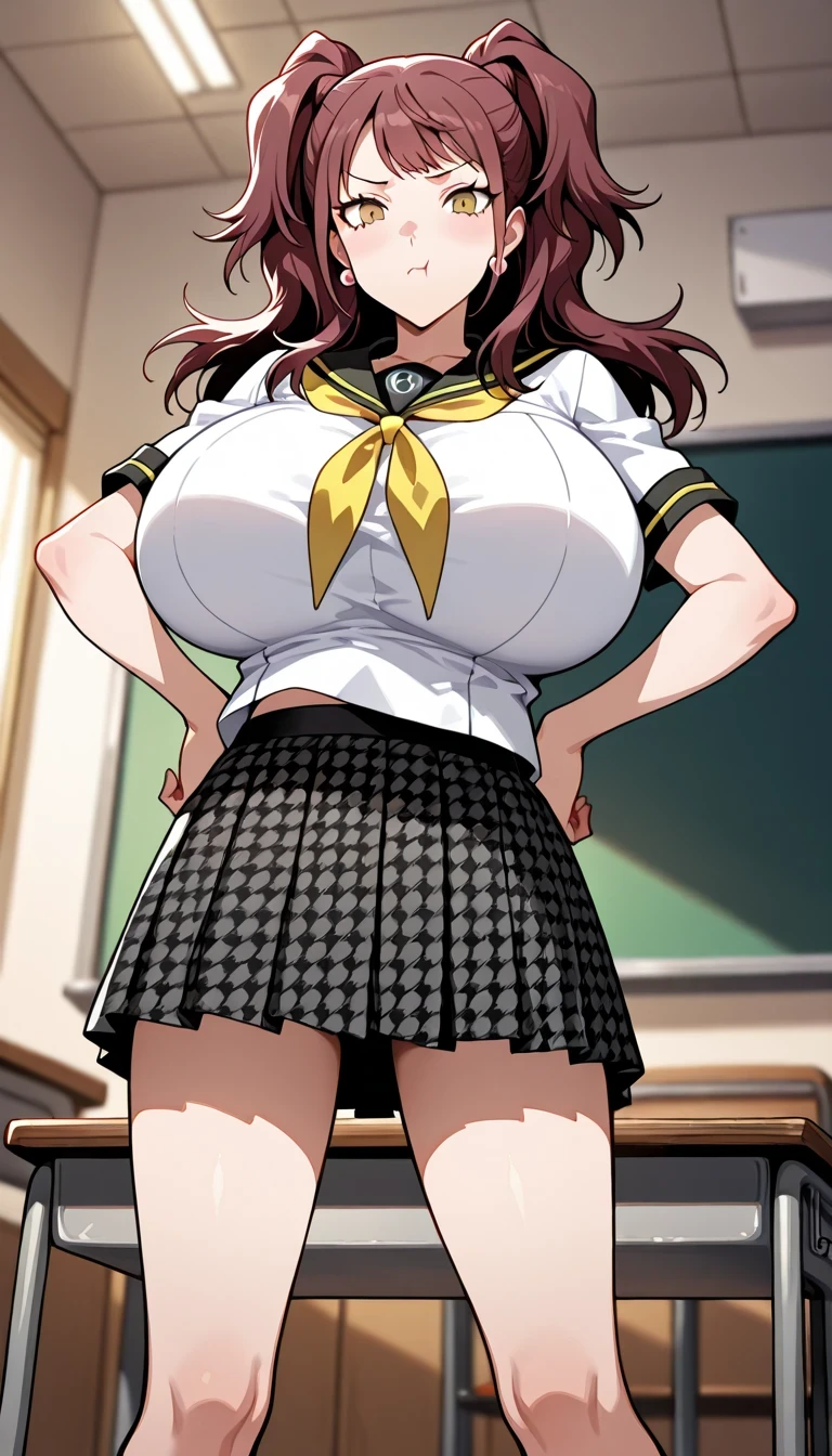 (masterwork, masterpiece, best quality, hyper-detailed :1.2), 1 girl, solo, cute face, p4rise, kujikawa, rise, twintails, long hair, brown hair, pink earrings p4rise-sumuni, yasogami school uniform, serafuku, short sleeves, white shirt, skirt, pleated skirt, houndstooth, classroom, standing, looking at viewer, hands on hips, pout, (puffy cheeks, cheek bulge,:0.7) ,gigantic breasts,show underboobs