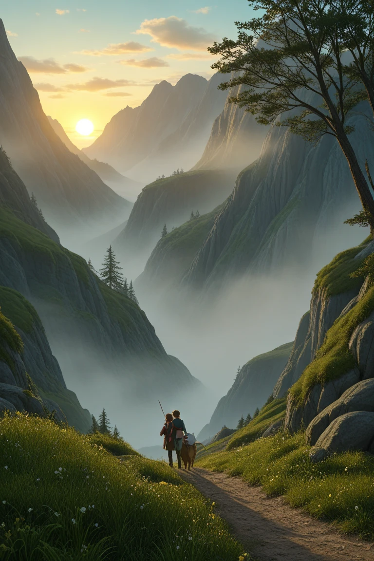 Epic anskap with trails exploring majestic mountains and mysterious valleys. Clear skies with a sunrise tinge provide a sense of hope and courage. Details such as dense trees and thin fog add to the impression of a deep adventure, invites us to imagine journeys to new and unexpected places.

