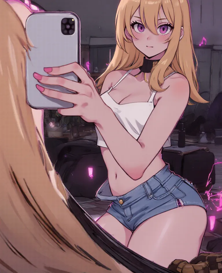 score_9, score_8_up, score_7_up, score_6_up, score_5_up, score_4_up, mature woman, bada, 1girl, solo, blonde hair, long hair, large breast, looking at viewer, smile, 1girl, long_hair, blush, sweat, purple_eyes, lips, purple_hair, solo, 1girl, photo_background, phone, jewelry, long_hair, solo, shorts, bracelet, holding_phone, cellphone, ass, shoes, sneakers, smartphone, holding, looking_at_viewer, black_footwear, shoulder_cutout, shirt, looking_back, short_shorts, black_shirt, gym, indoors, bandaid, socks