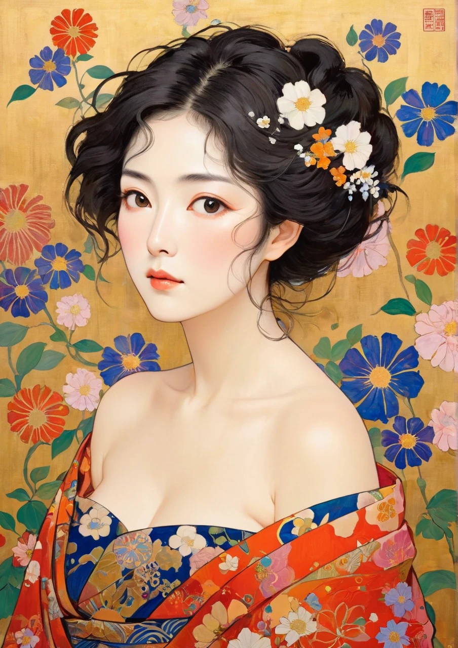 Masterpiece Paintings, Japanese middle-aged woman with Klimt pattern, flat art, Picture books, simple crayon drawing,  abstract,   lots of flowers  ,  illustration , Masterpiece Japanese Painting, flat  illustration ,   lots of flowers  , flat  illustration の日本人中年女性, 44 years old, off shoulder,  [Sleepy eyes, disheveled hair, Petals Dancing in the Wind, goo-goo-eyes,