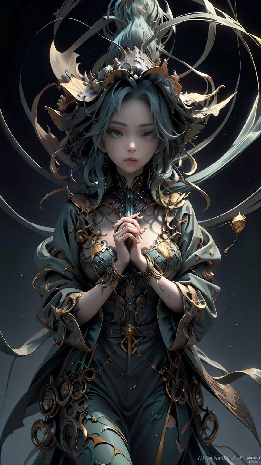Anime Witch,Hair Color Cyan,Eye Color Dark Green,The scale of the painting is breathtakingly beautiful,When I memorize a spell {x} The wind blows and everything rises,Beautiful and attractive, hands up ,The Order Form shines in gold, forest, High Definition Wallpaper 4k, fantasy, fantasy, Details Max , masterpiece, Clear Expression of the Picture