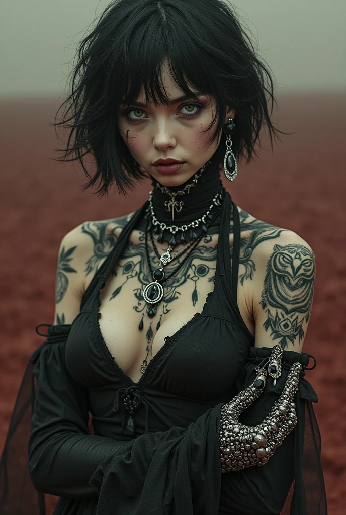 masterpiece,(best quality,top quality,8k),professional light,(ultra realistic poros),(photorealistic:1.5),detailed eyes and face,(raw photo:1.0),(realism: 1.4),(1girl),solo,cute young girl, (tattoos:1.2), black hair, messy hair, hair between eyes,fringe, pixie cut, goth, gothic, black lips,(black dress,loose,cleavage:1.1),full body