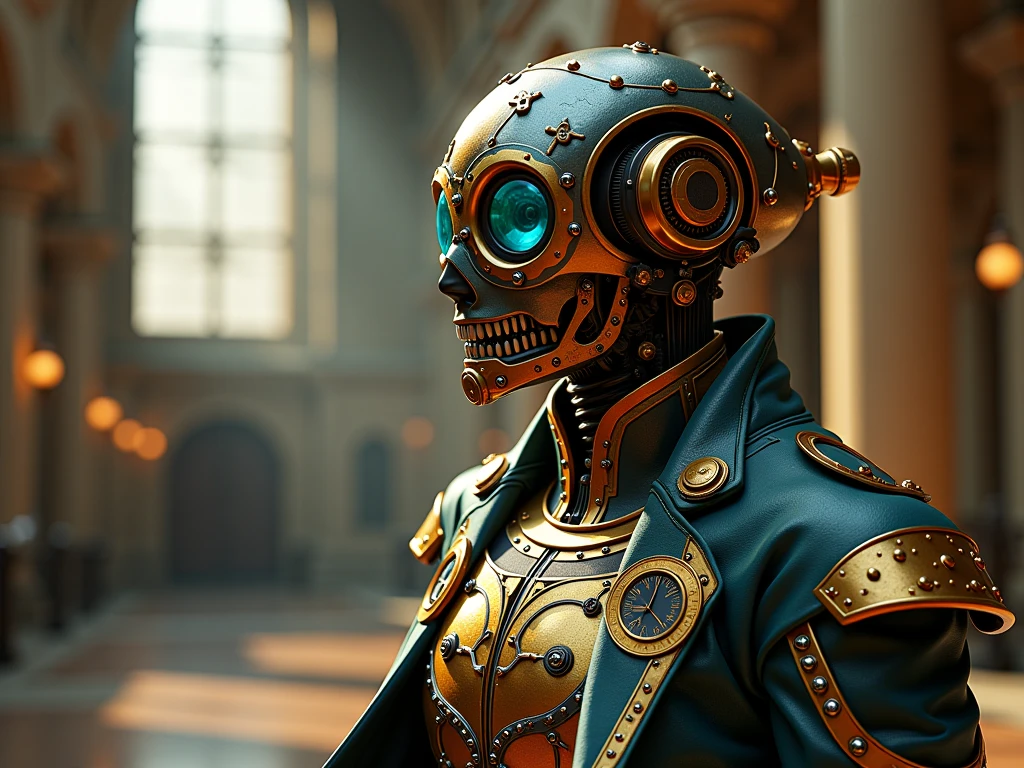 (CG, obra-prima, Best Quality, ultra-detailed), vaporpunk, Sao Paulo Metropolitan Cathedral, (better lighting, best shade, an extremely delicate and beautiful), dynamic angle suit, cinematic atmosphere, ornate metalwork, engrenagens, Mechanic, , vapor, period costume , vibrant colors.  