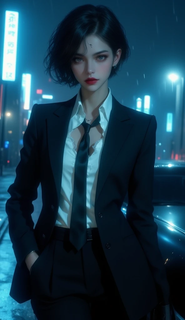 Beautiful, ((androgynous woman)), black pupils, black undercut hair, lithe, wearing a black tuxedo, standing outside a nightclub, smoking a cigarette, neon backlighting, night, urban envrionment, highly detailed hair, pores, hyper realistic, national geographic, high detail, HDR, postprocessed, award winning, 4K 8K photography, high resolution, depth of field, breathtaking, magnificent, elegant, beautiful, fantastical, grimmer, sigma 18-35mm f/1.8, sharp focus, canon