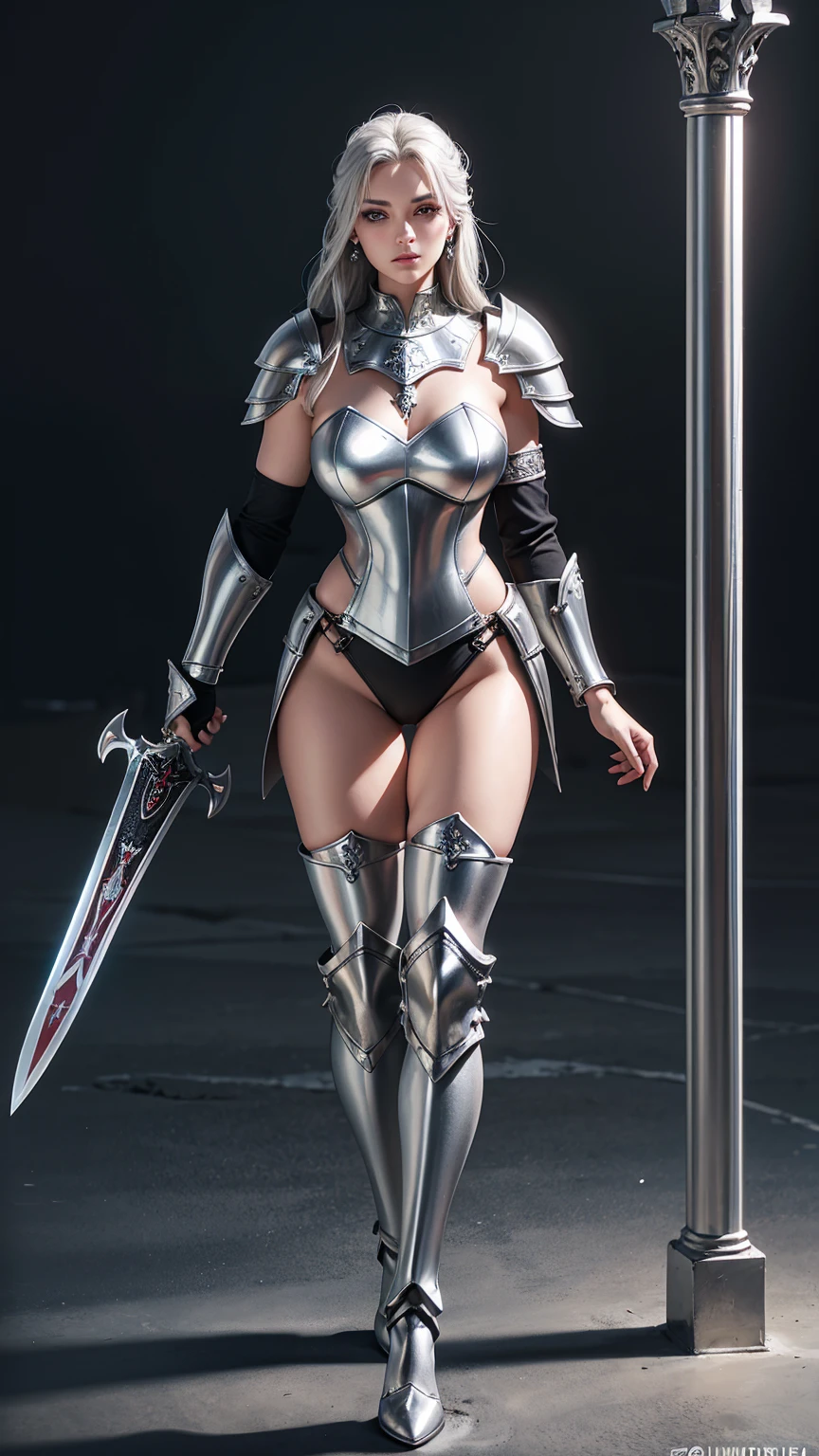 imagem arafed de uma mulher com uma espada e armadura, Claymore, fundo do anime Claymore, of a beautiful cavaleira, she is holding a sword, girl of the zodiac knights, garota de armadura, elfo princesa cavaleiro, alluring elfo princesa cavaleiro, beautiful cavaleira, cavaleira, uma guerreira loira sexy, portrait girl of the zodiac knights, ([cabelos longos]:1.8), (corpo todo:1.8), (standing full body image:1.8), (Parte superior do corpo para cima:0.3), (hiper-realista:1.4), (realista:1.3), (pele com textura real da melhor qualidade), (O Anjo Guerreiro Celestial do Senhor: 1.6), Close Friends, (They are embraced:1.2),(Detailed iridescent bodysuit with beautiful fractal or marble design:1.5), (Lindo e delicado rubi, topaz, joias de esmeraldas e safiras:1.6), (pernas abertas:1.4), (Vagina aberta:1.4), (Sorriso obsceno:1.2), (atrevido:1.2), (Imoral:1.2), (small breasts with beautiful raised pink areolas:1.5), (camel toe), (Expression of ecstasy:1.2), (Fundo de natureza incrivelmente bonito:1.6), (18 anos de idade:1.5), (Sexy e glamoroso:1.5),  (corpo todo), (erotic pose:1.5), (Sobrancelhas espessas:1.2), (grandes olhos roxos:1.2), (olhos ultra detalhados:1.4), (high resolution eyes:1.1), (textura de pele ultra detalhada:1.4), (Belo corpo tonificado:1.1), arco de cabelo, (Moist skin:1.1), (rosto sensual:1.5), ([cabelos longos]:1.8), (standing full body image:1.8), ([cabelos longos]:1.8), (corpo todo:1.8), (Melhor qualidade, 4K, 8k, A high resolution, obra de arte:1.2), ((mudar)), ((18 anos)),((Best quality)), ((masterpiece)), (detailed:1.4), 3D,Cavaleiro Prateado,),(closed mouth), extremely huge breasts, gigantic breast, beautiful detailed eyes, ((full body)),standing , sexy, cute,(8k, best quality, masterpiece:1.2), (realistic, photo-realistic:1.37),chrome armor,chrome mini shirt,Beautiful woman in insanely intricate Silver Knight Outfit