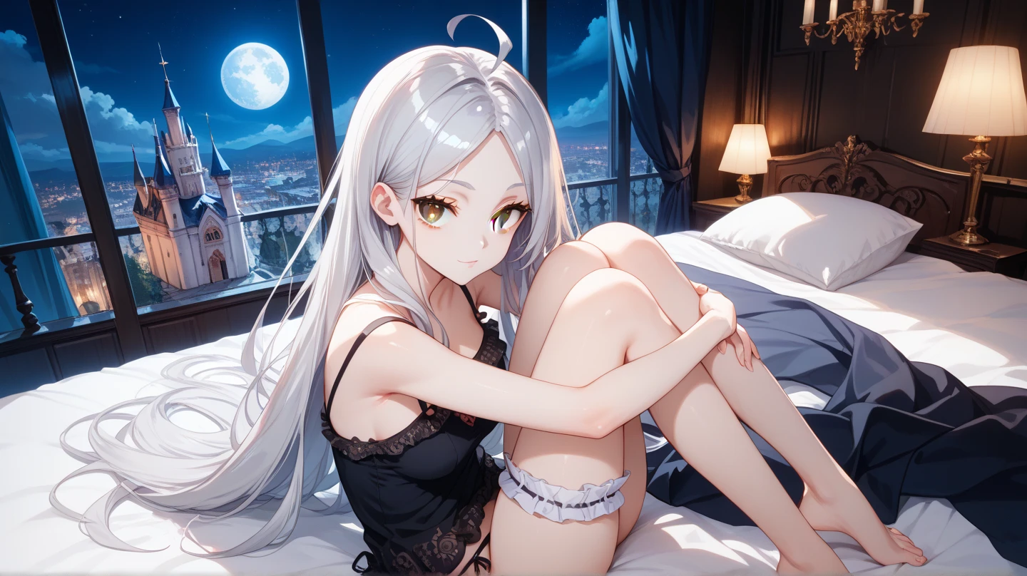 Design a high-quality, detailed image of an enchanting anime lofi girl with long, flowing hair and mesmerizing eyes. She is kneeling in her cozy gaming room, dressed in a see-through tank top without a bra, revealing her midriff, paired with sleep shorts. The room exudes warmth and comfort, with soft ambient lighting and plush seating. A small lamp casts a gentle glow, enhancing the serene and intimate ambiance with a hint of sensuality.