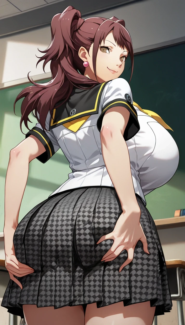 (masterwork, masterpiece, best quality, hyper-detailed :1.2), 1 girl, solo, cute face, p4rise, kujikawa, rise, twintails, long hair, brown hair, pink earrings p4rise-sumuni, yasogami school uniform, serafuku, short sleeves, white shirt, skirt, pleated skirt, houndstooth, classroom,back view,standing, looking at viewer, ((own ass grab:1.5)),gigantic breasts,smug face,smile,bright ,view from below