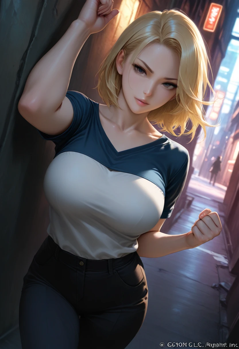 and 18, 1girll, Android 18, 独奏,Android 18 database, (((blond hairbl, eBlue eyes, short detailed hair,耳Nipple Ring, jewely, laughingly,self-assured))),((Masterpiece)),A high resolution, ((Best quality)),tmasterpiece,top-quality,best qualityer,((( looking at viewert, There is light in the eyes)))