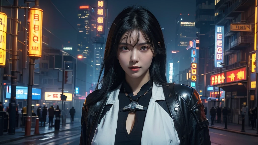  masterpiece,is of the best quality,high resolution, 8,000,(Portrait Photos:1.5),(R Original photo),Real Photos,Digital photography,(cyberpunk style的城市街头，Bustling city streets，Neon sign，After the Rain，Mist，steam),(female), 20 year old girl, random hairstyle,Through Bangs,( big breasts，Keep your mouth shut，Keep silent,Elegant and charming ,Smile，cyberpunk style，（Mecha），Photo poses, Realisticstyle,  oc rendering reflective texture ， Upper Body Lens ，looks into the camera