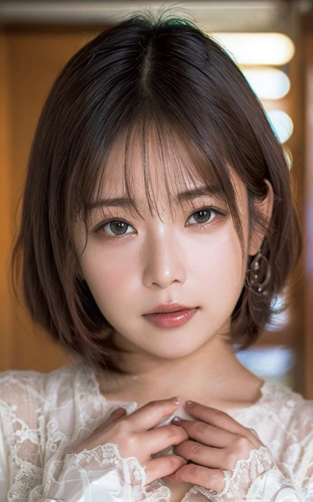 upper body portrait of slender 1girl <lora:Maeju:1>, wavy short hair, as student, a classroom, wide angle, close up