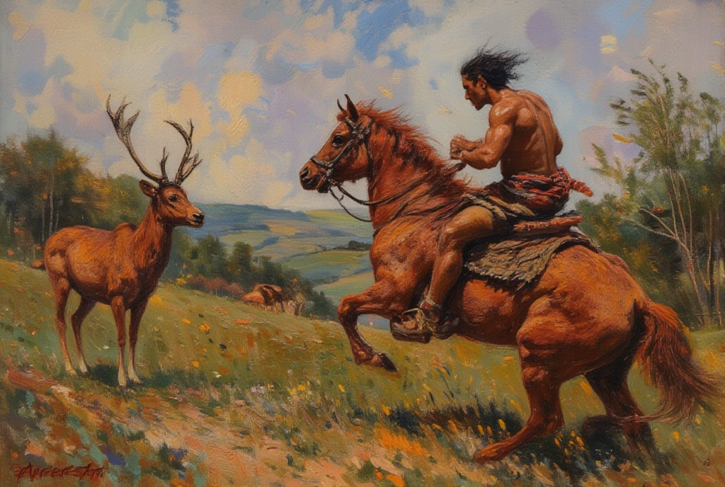 a painting of a man kneeling down with a dog and a stick, centaur from greek mythology, a centaur, art for the fool tarot card, male centaur centaur chimera, robin hood, centaur, full color illustration, painting of goliath, cernunnos, story book illustration, fantasy card game art, slavic mythology, playful peasant man