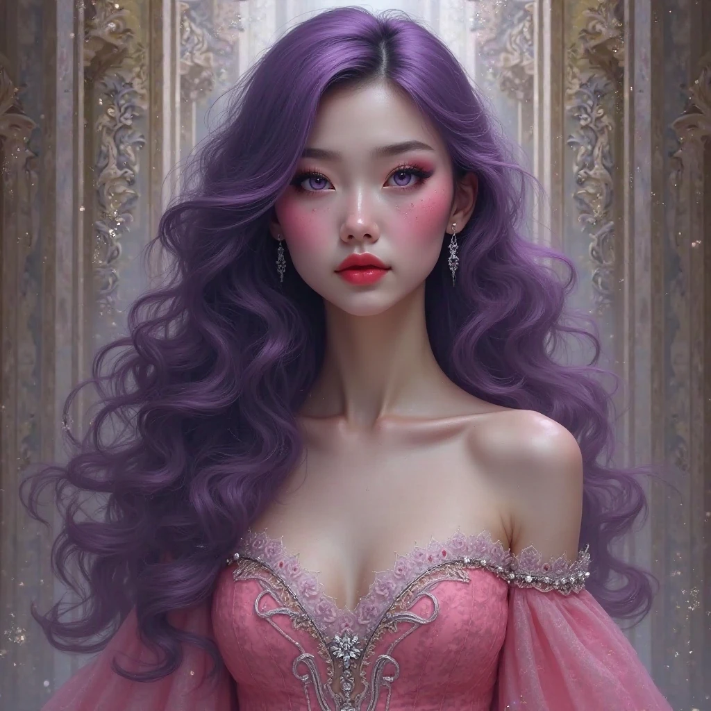 masterpiece, slender woman, high, elegant, tez blanca, red lips, pointy ears, Violet eyes, purple hair, very long hair, wavy hair, degraded hair, pink dress with silver details