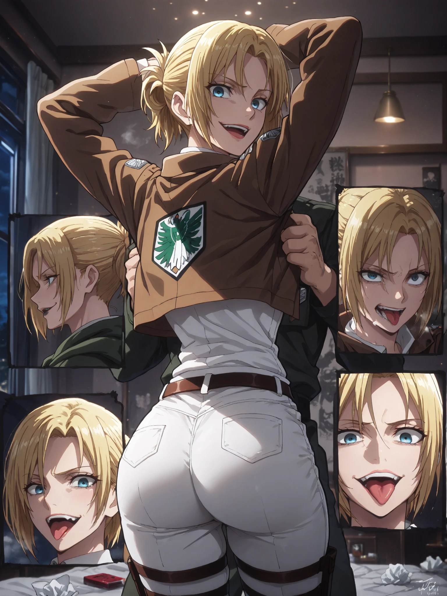 2boys, 1girl, seras, straight-on, in heat, aroused, , full body, body focus, (arms at sides), large penis, long penis, testicles, sex vaginal, spitroast sex, (spitroast), saliva drip, blue eyes, blonde hair, muscular male, sex, anal sex, mmf spitroast, double penatration, anal,