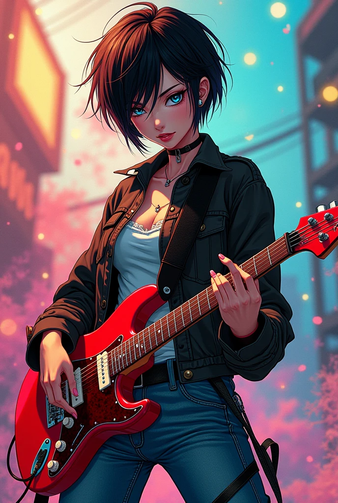 anime masculine girl with guitar then turn into a drawing