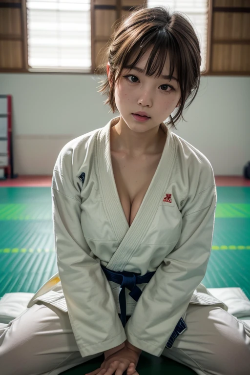 40-year-old Japanese woman with bun hair and plump body, crawling on all fours in a Japanese-style room
