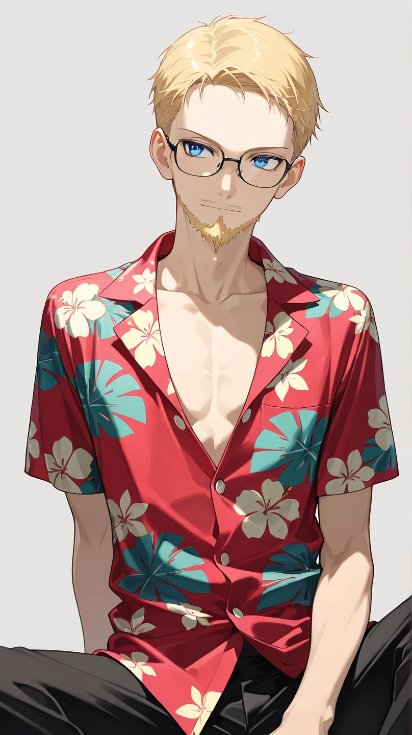 Alone boy, looking at alarm clock, pale jellon hair, half rosary eyes, open shirt, plaid shirt, pants, Hawaiian blouse, wearing glasses, mouth piercing,