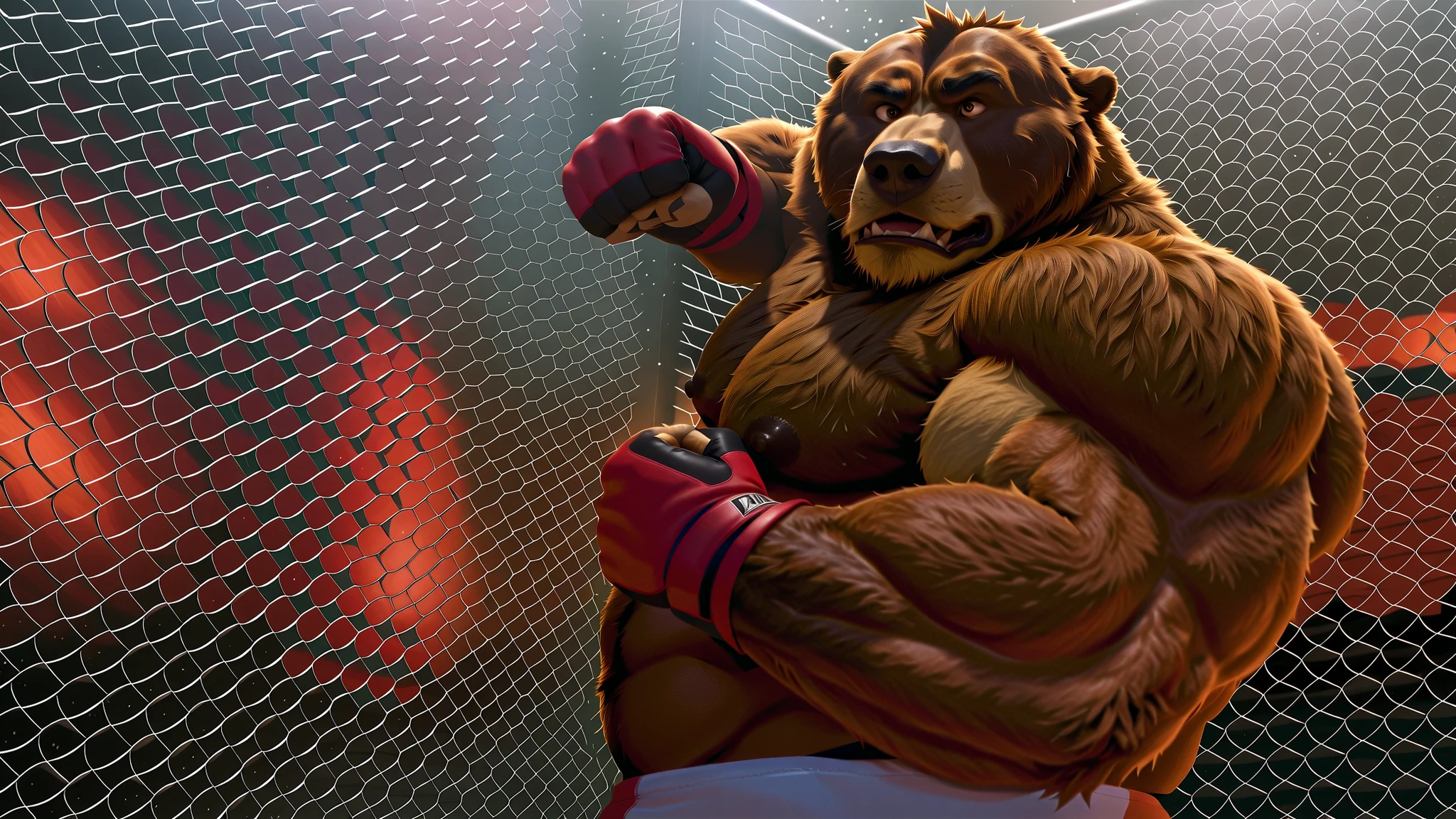 Huge muscular thick brown fur Kodiak Bear bodybuilder, shirtless, in black MMA shorts with red slits, MMA gloves with red pads, training hard for the MMA tournament. Punching and kicking workout. Champion.
