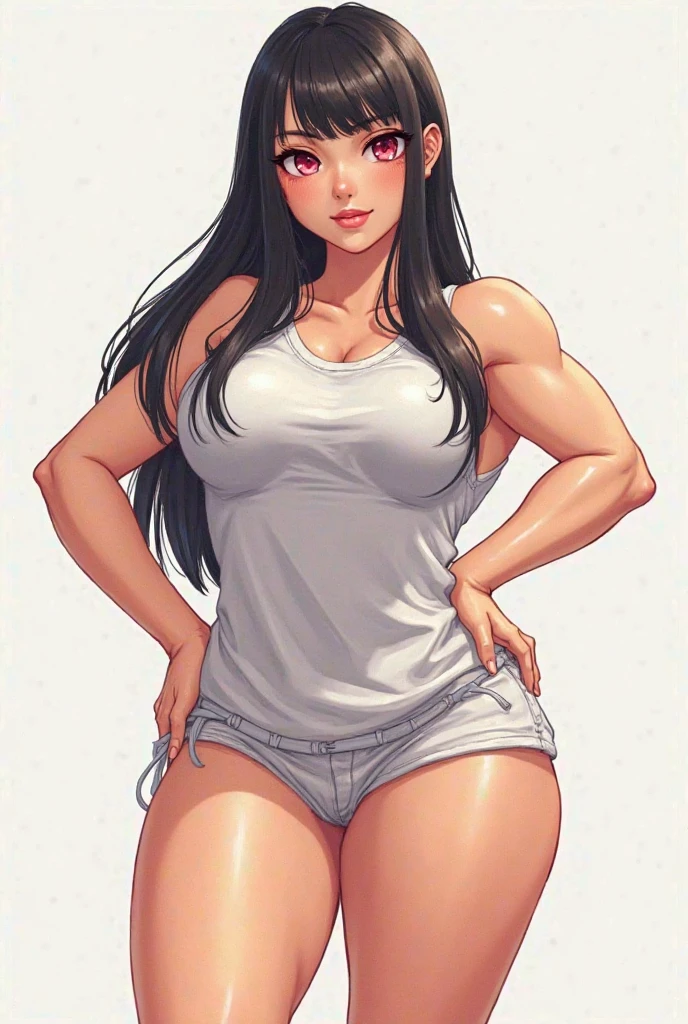 photograph of alexcoal-1300 wearing a tanktop and cut-off shorts, cleavage, hyperrealism, high quality, 3d, highly detailed, (highly detailed face, natural skin texture), masterpiece, absurdres, 4k, hdr, ultra sharpness, by artgerm, (by holly randall, fujifilm xt3)
