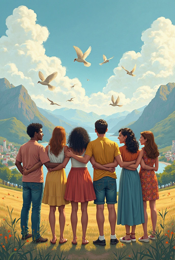 bottom: A landscape that represents different parts of the world, like mountains,  Oceans , cities and fields, symbolizing the diversity of cultures and geographies.characters: In the foreground, } draw a group of people of different ethnicities and nationalities (For example, An African, an asian, a European , a Latin American, etc.) Standing together, with arms intertwined or with hands joined, showing unity and solidarity.expressions: Make sure that their faces reflect empathy and understanding, with smiles and looks of mutual support.Symbolic Elements: You can include elements that represent peace, like doves flying over them or a rainbow rainbow in the sky, symbolizing hope and diversity.