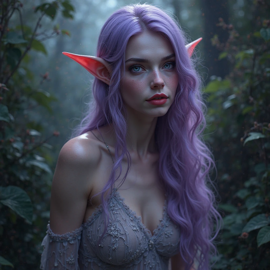 masterpiece, slender woman, high, elegant, tez blanca, red lips, pointy ears, violet eyes, purple hair, very long hair, wavy hair, degraded hair, pink, detailed portrait of a magical elf woman, elegant and ethereal  features, piercing violet eyes, full red lips, pale complexion, long wavy purple hair cascading down, pointy elven ears, lithe and graceful posture, 8k, highly detailed, delicate and feminine, fantasy, digital art, intricate, dramatic lighting, moody atmosphere, cinematic, lush environment, nature elements, mystical, magical, ethereal, vibrant colors, rich color palette, dreamlike, cinematic lighting, photorealistic