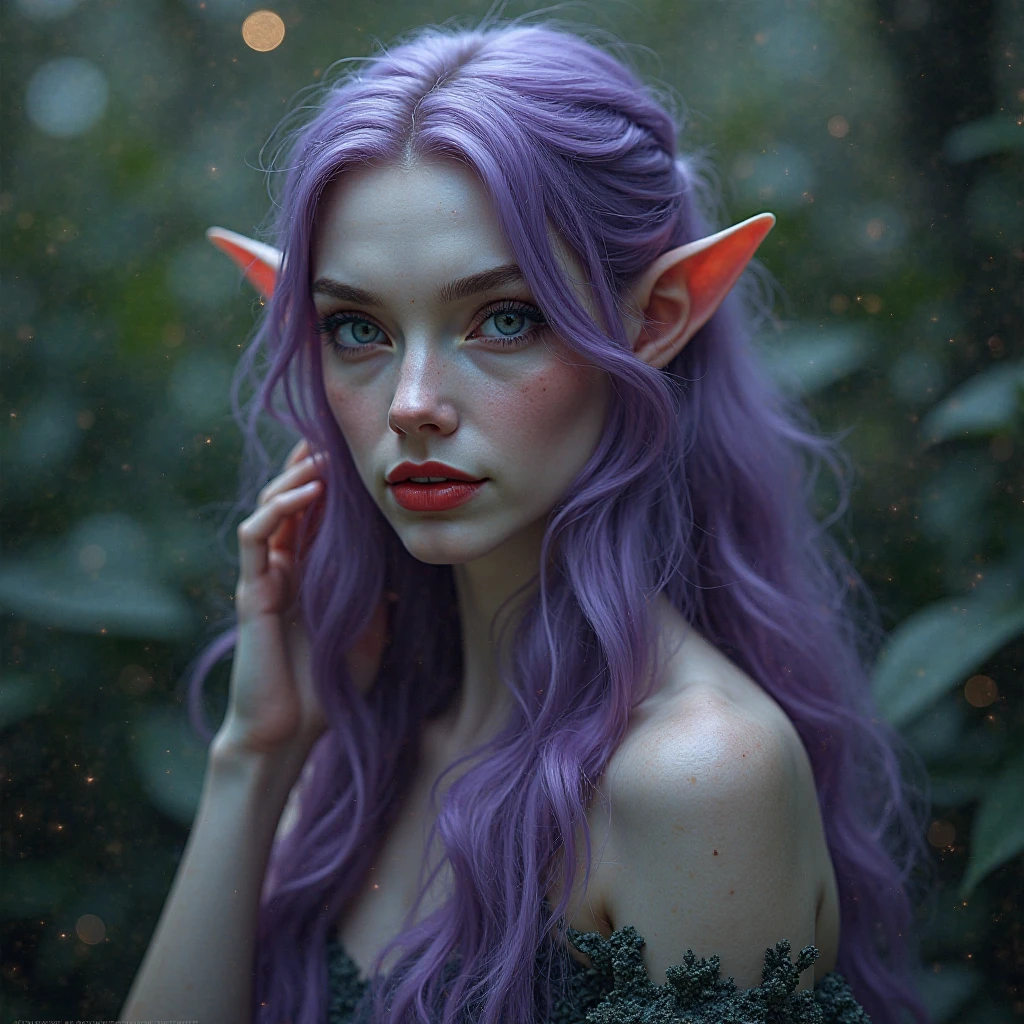 masterpiece, slender woman, high, elegant, tez blanca, red lips, pointy ears, violet eyes, purple hair, very long hair, wavy hair, degraded hair, pink, detailed portrait of a magical elf woman, elegant and ethereal facial features, piercing violet eyes, full red lips, pale complexion, long wavy purple hair cascading down, pointy elven ears, lithe and graceful posture, 8k, highly detailed, delicate and feminine, fantasy, digital art, intricate, dramatic lighting, moody atmosphere, cinematic, lush environment, nature elements, mystical, magical, ethereal, vibrant colors, rich color palette, dreamlike, cinematic lighting, photorealistic
