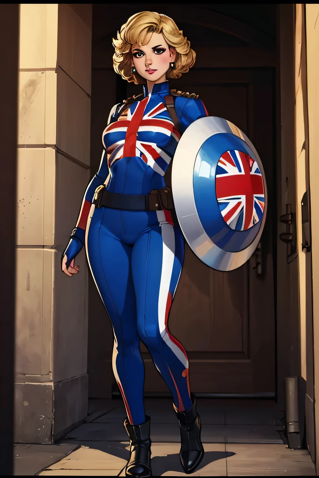 (masterpiece:1.3), (8K, Realistic, RAW Photos, Highest quality: 1.4), (One Girl), Beautiful Face, (Realistic Face), Beautiful Hairstyles, Realistic eyes, Beautiful details, (Realistic Skin), Beautiful Skin, Absurd, charm, Ultra-high resolution, Ultra-realistic, Very detailed, Golden Ratio, (Best Shadow), Cinematic, (Complex:1.4), High Contrast, Side lighting, ((Princess Diana)), ((full body)), Fighting pause, 微笑, ((Accurate hands and fingers)), ((captain Britain)), Caucasian female, (Blonde Hair, short hair:1.3), (she have UnionJack costume), (UnionJack round shieldを構える), BREAK ((全身を写す))