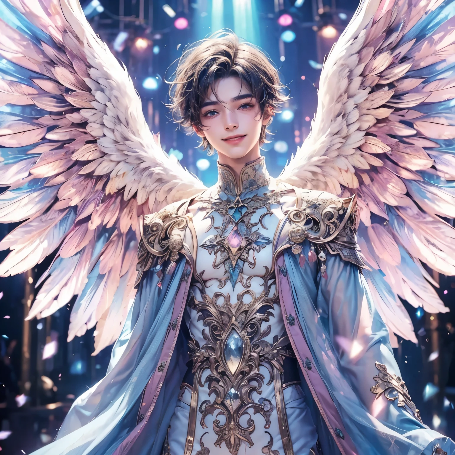 A young, smiling male angel, wears an aquamarine cape and dark blue and pink antique-decorated clothes and is in the world of light