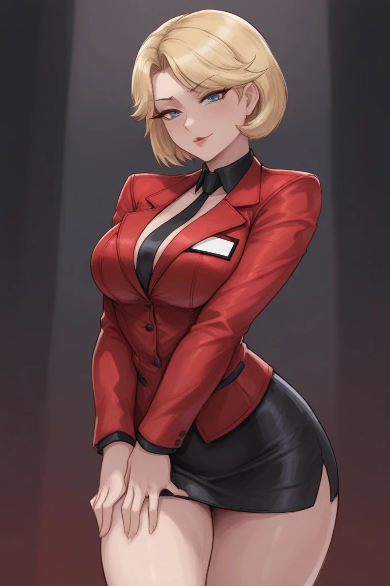 Uma garota sexy com cabelos castanhos, she's in an office, She is wearing an open suit over a red bikini
