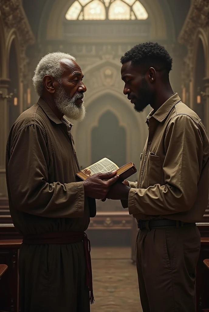 Un vieux noir retiré la bible dans la main d'un jeune noir pour l'offrir un livre scientist, It's written on the cover of the book" scientist"  c'est écrit sur la couverture de la bible" bible"