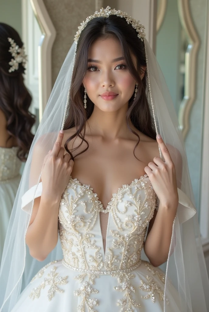 a woman in a white dress posing for a picture, a statue by Nagasawa Rosetsu, trending on cg society, arabesque, anime figure, anime thai girl, asian hyperdetailed, (best quality,4k,8k,highres,masterpiece:1.2),ultra-detailed,(realistic,photorealistic,photo-realistic:1.37),hyper realistic, intricate details, warm lighting, soft focus, delicate features, elegant pose, flowing dress, detailed jewelry, beautiful eyes, cute expression, floral accents, ornate background