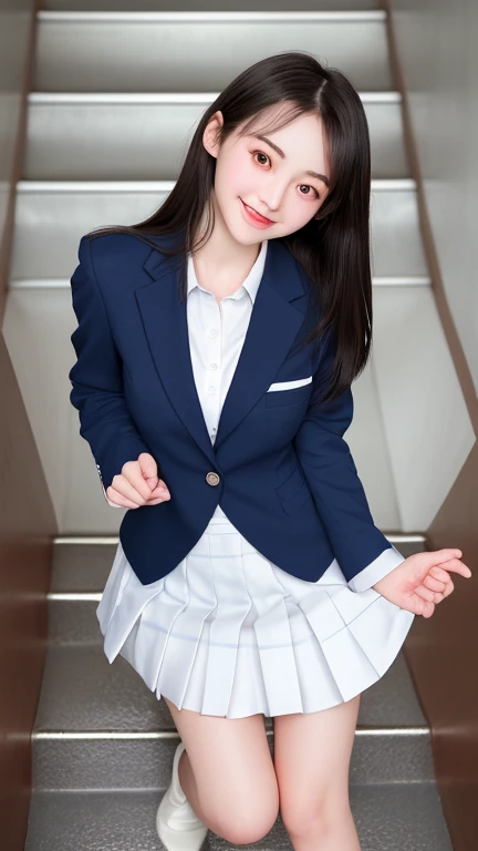 (8k), (highest quality: 1.2), (realistic), (realistic: 1.37), ultra high resolution, 1 girl, cute, smile, closed mouth, beautiful details, beautiful nose, wet hair, giant dulcefo, pork, thighs，selfie,College student uniform,simple blazer,pleated skirt,Standing,opaque tights, booty pose 