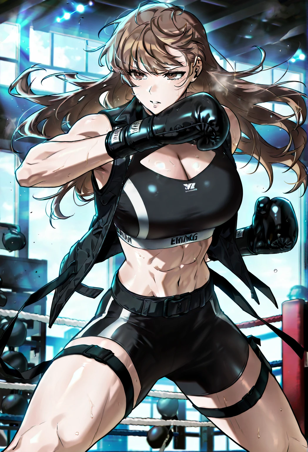Large and muscular woman, long black hair, white skin, fighter's outfit, big chests, in a ring, highly lit, tattoo on right arm, boxing gloves, fighting posture, good anatomy, 4k, detailed face, masterpiece, detailed face