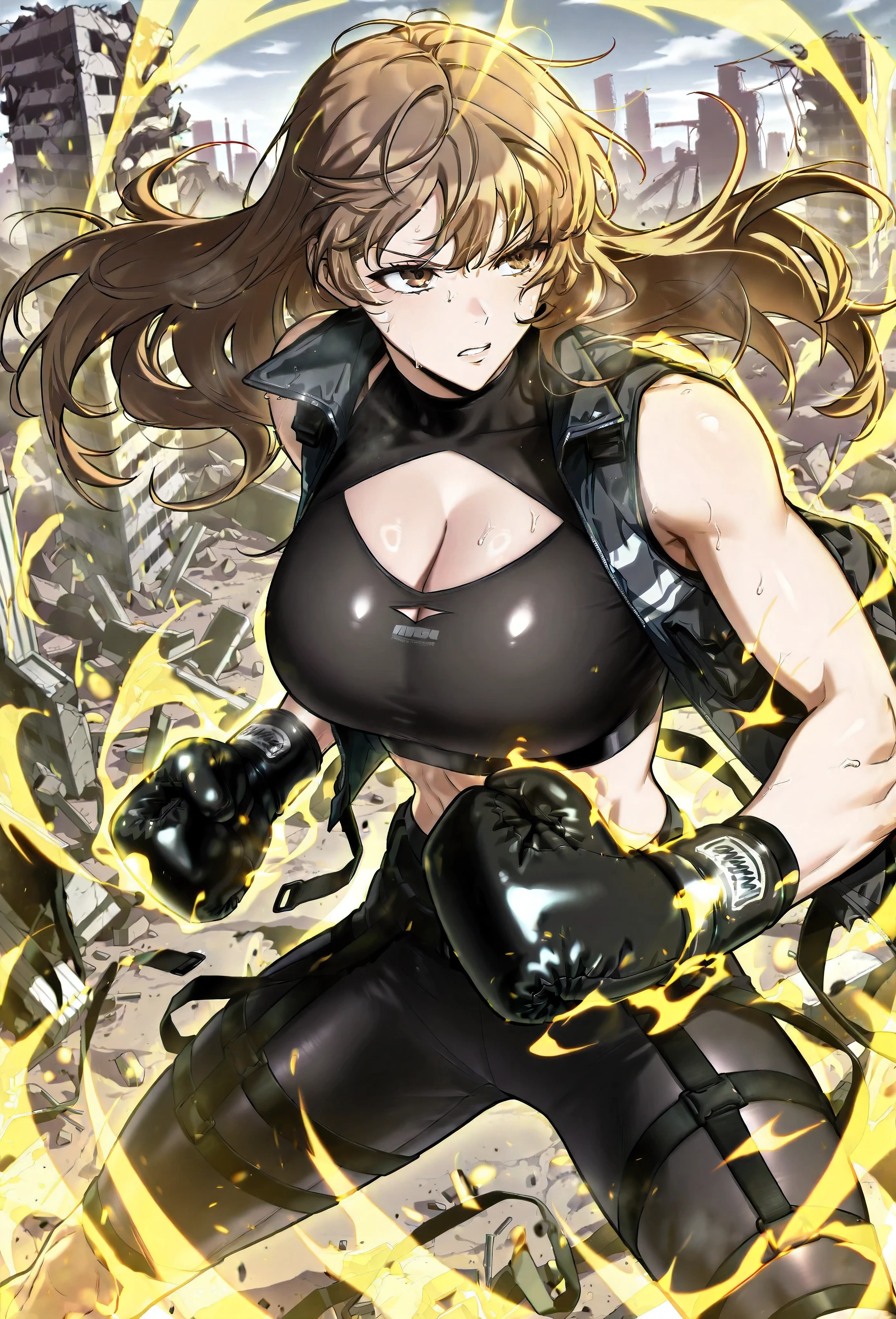 masterpiece, best quality, amazing quality, very aesthetic, absurdres, newest, scenery, 1girl, solo, huge breasts, serious, parted lips, long hair, brown hair, brown eyes, bangs, sports bra,
 Sleeveless jacket, open jacket, cleavage cutout, black gloves, black belt, thigh strap, spread legs, standing, fighting stance, boxing gloves, aura, ruins, outside, (from above:0.9), looking away, shiny skin, masterpiece, best quality, amazing quality, very aesthetic, absurdres, newest, scenery